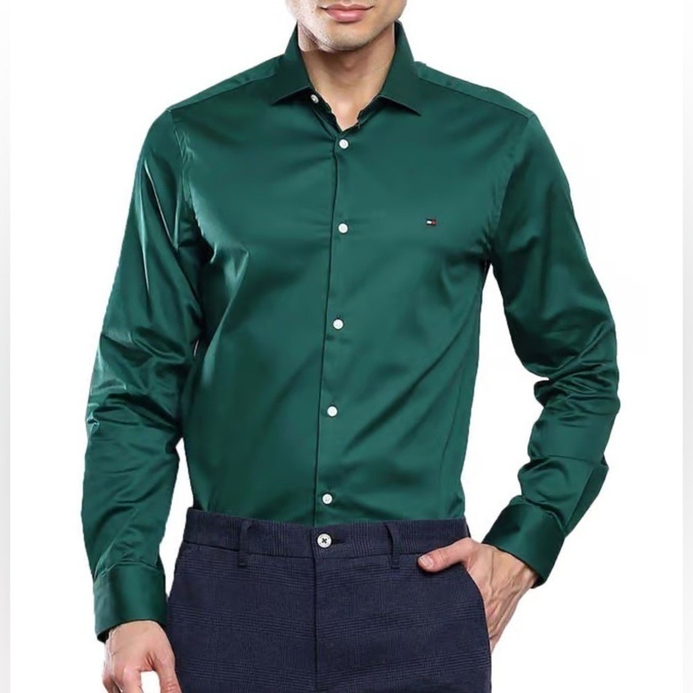 Tommy Hilfiger Slim Fit Microprint Long Sleeve Green Button-Down Dress Shirt
